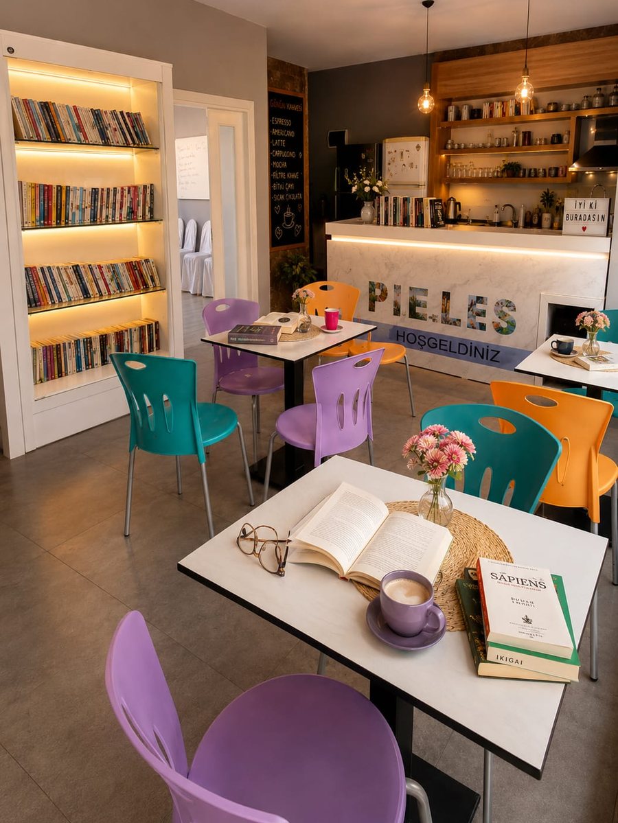 Hanzade Events kafe ve kitaplık bölümü